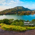 Mount Abu and Nakki lake aerial panoramic view. Mount Abu is a hill station in Rajasthan state, India.